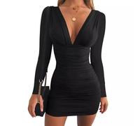 EMOTTOS Mini Robe Cache-cœur Sexy, Deep V-Neck Ruched Dresses, Crayon Bodycon à Manches Longues, Tube à Haute élasticité, Cocktail pour Soirée (Noir/Rouge, S-L)