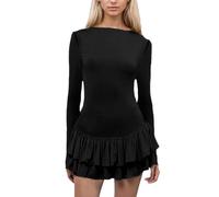 EMOTTOS Mini Robe de Soirée Courte pour Femme, Robes de Cocktail élégantes avec Ourlet à Volants, Robe Moulante à Encolure Ronde, Sexy Moulante Shirt pour Clubbing Cocktail, Noir, L