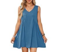 EMOTTOS Mini Robe sans Manches pour Femmes, Robe d'été décontractée à Volants avec Poches, Robe d'été à Volants avec Poches, col en V T Shirt Dresses(Blue-M)