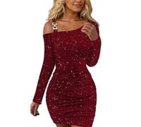 EMOTTOS Mini Robe Sexy à Paillettes pour Femmes, Anniversaire Robes Off Shoulder Boucle Carrée épaules Inclinées, Robe Enveloppante à Plis au Bas de la Taille Robe de Soirée Moulante, Rouge, XL