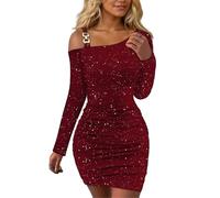EMOTTOS Mini Robe Sexy à Paillettes pour Femmes, Anniversaire Robes Off Shoulder Boucle Carrée épaules Inclinées, Robe Enveloppante à Plis au Bas de la Taille Robe de Soirée Moulante, Rouge, M