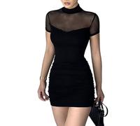EMOTTOS Mini Robe Sexy en Maille, Robe Bodycon Club en Dentelle Douce pour Femmes, Pull à Demi col Haut Robes de soirée froncées(Black-M)