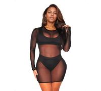 EMOTTOS Mini-Robe Transparente en Dentelle pour Femme, Body Extensible à Manches Longues et Col Rond, Lingerie Moulante en Maille Transparente pour Sortir en Boîte de Nuit, Noir, L