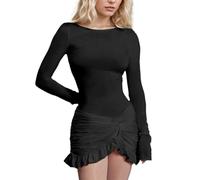 EMOTTOS Mini Robe Wrap Torsadée pour Femme, Robe de Cocktail à Volants avec Taille élastique, Robe Moulante à Encolure Ronde, Robe Décontractée pour Soirée Clubbing Cocktail Anniversaire, Noir, S