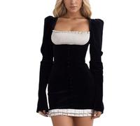 EMOTTOS Mini-Robes Moulantes pour Femmes, Robe à Bretelles plissée avec Cordon de Serrage, Robe à Encolure carrée avec Boutons à Volants en Velours, Manches Longues (2 Style)