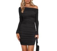 EMOTTOS Mini-Robes Moulantes pour Femmes, Robe à Bretelles plissée avec Cordon de Serrage, Robe à Encolure carrée avec Boutons à Volants en Velours, Manches Longues (2 Style)