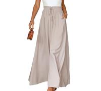 EMOTTOS Pantalon Fluide Femme Été Large Ample Taille Haute avec Poches et Léger Cordon, Plissé Elastique Décontracté Palazzo pour Femme, Abricot L