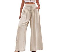 EMOTTOS Pantalon Fluide Femme Été, Pantalons Large Ample Taille Haute avec Poches avec Léger Cordon, Pantalon Larges Plissé Elastique Décontractés Palazzo Pantalon Plis pour Femme, Abricot M