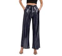 EMOTTOS Pantalon Métallique Brillant pour Femme, Pantalon Taille Haute Brillant Streetwear avec Ceinture Élastique, Pantalon De Couleur Holographique À La Mode avec Poches pour Soirée, Noir, L
