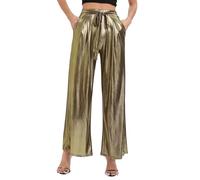 EMOTTOS Pantalon Métallique Brillant pour Femme, Pantalon Taille Haute Brillant Streetwear avec Ceinture Élastique, Pantalon De Couleur Holographique À La Mode avec Poches pour Soirée, Or, L