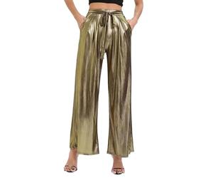 EMOTTOS Pantalon Métallique Brillant pour Femme, Pantalon Taille Haute Brillant Streetwear avec Ceinture Élastique, Pantalon De Couleur Holographique À La Mode avec Poches pour Soirée, Or, S