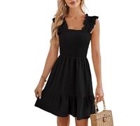 EMOTTOS Robe élastiquée à Volants pour Femmes, Robe d'été sans Dos pour invités, Loose Boho Short Mini Swing Square Neck Sleeveless Dresses(Black-XL)