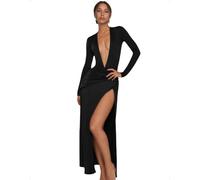 EMOTTOS Robe Longue à Encolure en V Profonde pour Femme, Robe Longue élégante Sexy à Manches Longues, Robe de Soirée Ajustée à la Taille Froncée pour Sortir en Boîte ou en Soirée, Noir, S