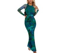 EMOTTOS Robe Longue à Imprimé Floral pour Femmes, Robe Longue Boho à Fond Fendu, Robe Longue à Taille Froncée pour Dames, Elegant Robes Longues Enveloppantes Fête de la Anniversaire, Vert, XL