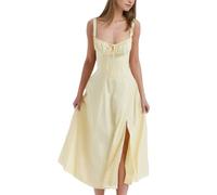 EMOTTOS Robe Longue sans Manches à Bretelles Spaghetti pour Femme, Robes de Cocktail à Encolure Carrée avec Bretelles Réglables, Robe Longue D'été Fendue, Jaune, M