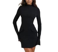 EMOTTOS Robe Mini Moulante pour Femmes, Robes d'affaires avec Fermeture à Glissière Au Dos et Poches, Robe Crayon e avec Manches évasées, Robe à Col Tortue pour Le Travail Formel au Bureau, Noir, S