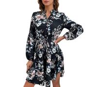 EMOTTOS Robes Casual Femme Floral en Fausse Mousseline, Robe Tunique Féminine Décontractée à Manches Longues et Boutons, Long Swing Wrinkles Deep V-Neck Waist Tie Ruffle Knee Length Dress, Noir, S-L