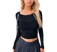 EMOTTOS Ruched Haut pour Femmes, Y2K Coupe Ajustée Col Rond Tops, T-Shirt Côtelé Doublement Doublé, Cropped Manches Longues Haut Skinny Clubwear pour Soirée Fête Festival, Noir, S