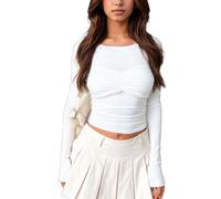 EMOTTOS Ruched Haut pour Femmes, Y2K Coupe Ajustée Col Rond Tops, T-Shirt Côtelé Doublement Doublé, Cropped Manches Longues Haut Skinny Clubwear pour Soirée Fête Festival, Blanc, S
