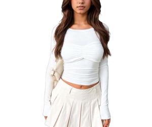 EMOTTOS Ruched Haut pour Femmes, Y2K Coupe Ajustée Col Rond Tops, T-Shirt Côtelé Doublement Doublé, Cropped Manches Longues Haut Skinny Clubwear pour Soirée Fête Festival, Blanc, S