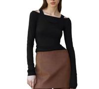 EMOTTOS Sexy Femme épaules dénudées Haut, Crop Top Moulants en Patchwork Deux Pièces avec Encolure à Une épaule, Asymetrique T-Shirt Y2K à la Mode Slim Fit Shirt pour Filles, Noir, L