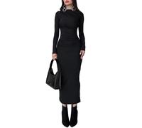 EMOTTOS Sexy Maxi Ruched Dress, Robe élégante à Encolure Ras du Cou et Fendue dans Le Dos, Robe Longue à Ourlet Souple pour Cocktail et fête (Noir/Gris, S-L)