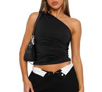 EMOTTOS Sexy Off-Shoulder Tank Top- Trendy Slant Shoulder Slim Fit Vest, Basic Sleeveless Crop Top for Women, Stretchy Vest Club Party T-Shirt(Black-M)