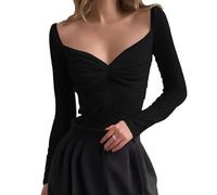 EMOTTOS Sexy Tencel Chiffon Tops, Chemises à Manches Longues en Maille Transparente Froncée pour Femmes, Top Transparent à Col en V (Noir/Blanc, S-L)