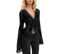 EMOTTOS Sexy Transparent Slim col V Crop Top, Y2K Évasées à Volants Top Manches Longues en Maille, Haut Moulant Court en Mousseline à Nouer sur Le Devant pour Femmes, Noir, S