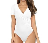 EMOTTOS Sexy Wrap Bodysuit, Slim Fit Cross V Wrap Shirts, Soft Crop Top Bodysuit, Sexy Stripe Jumpsuit for Women,Black/White,M/L