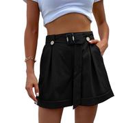 EMOTTOS Shorts Femmes avec Poche Décontracté, Taille Haute Shorts Pantalon Ete avec Ceinture Amovible avec Bouton Décoratif Taille Élastiquée, Plissé Shorts Jambes Larges pour Femme, Noir S