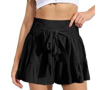 EMOTTOS Shorts pour Femmes Décontracté Ete, Taille Haute avec Nœud Ceinture, Ourlet à Volants et Taille Élastiquée, Plissé Jambes Larges, Noir S