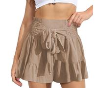 EMOTTOS Shorts pour Femmes Décontracté Ete, Taille Haute avec Nœud Ceinture, Ourlet à Volants et Taille Élastiquée, Plissé Jambes Larges, Abricot S