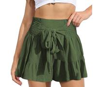 EMOTTOS Shorts pour Femmes Décontracté Ete, Taille Haute avec Nœud Ceinture, Ourlet à Volants et Taille Élastiquée, Plissé Jambes Larges, Vert XL