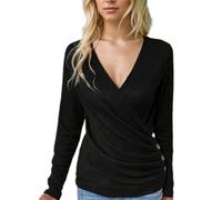 EMOTTOS Sweatshirts pour Femmes, Pulls Femme Décontractés à Boutons Latéraux pour Femme, T-Shirt Sexy Froncé avec Col en V, Pullover Haut Moulante Tops pour l'hiver et L'automne, Noir, S