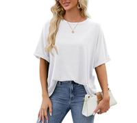 EMOTTOS T-Shirts Amples et surdimensionnés pour Femmes, Tops d'été à Manches Courtes et col Ras du Cou, Tee-Shirts de Base Amples et décontractés à Manches roulées（White-M）