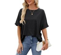 EMOTTOS T-Shirts Amples et surdimensionnés pour Femmes, Tops d'été à Manches Courtes et col Ras du Cou, Tee-Shirts de Base Amples et décontractés à Manches roulées（Noir-L）