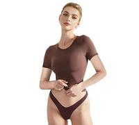 EMOTTOS T-Shirts Courts Basiques pour Femmes, Top décontracté à Manches Courtes Y2K, Chemise cintrée à col Rond et doublement doublée, T-Shirt Y2K Skinny à la Mode（Marron-L）