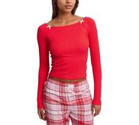 EMOTTOS T-Shirts Manches Longues pour Femmes, Col Rond Y2K Haut Tee Shirt avec Nœud Oapillon Décoratif, Crop Top Moulant T-Shirt Couleur Basiques Ajusté, Rouge, L