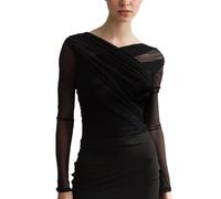 EMOTTOS Top Court en Maille pour Femmes, Ladies Y2K Sheer Tops Hauts Cintrés et Froncés avec Col en V, Club de Sortie Top Moulant pour la Fête Sexy Design Transparent pour Dames, Noir, S