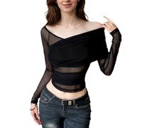 EMOTTOS Top Court en Maille pour Femmes, Ladies Y2K Sheer Tops Hauts Cintrés et Froncés avec Col en V, Club de Sortie Dentelle Top Moulant pour la Fête Sexy Design Transparent pour Dames, Noir, S