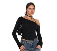 EMOTTOS Top Crop Y2K Femmes, Chemises Sexy asymétriques à Encolure dénudée, Fentes des Deux côtés, Taille, Haut Slim fit à Manches Longues, avec Bretelles, Chemise Extensible, Noir, L