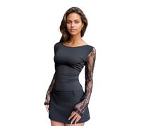 EMOTTOS Top Crop Y2K pour Femmes, Sexy Haut Semi-Transparents en Dentelle ajourée, Manches Longues, Coupe ajustée, Dos Transparent, Encolure Ronde, Patchwork, Extensibles, Noir, L