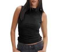 EMOTTOS Top Double Couche en Dentelle pour Femmes, Tops sans Manches à col Ras du Cou avec Patchwork en Maille, Summer Mesh Patchwork Slim Fit Swing Hem Party Sleeveless Shirt Going Out Tops(Black-M)