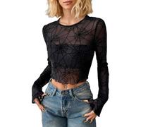 EMOTTOS Top Mailles Femmes, Sexy Spider Web Pattern Chemisier Manches Longues Sheer Tops Transparent T-Shirt Stretchy, Haut Fibre de Selvedge pour Top en Tulle Party Clubwear Blouse, Noir, L