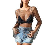 EMOTTOS Top Manches évasées résille Transparente Femmes, Top Maille Transparente Tissu Doux Poli, Strass étincelants, Chemisier soirée à Manches Longues avec Paillettes, Tops d'été Dames, Noir, L