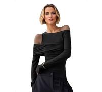 EMOTTOS Top Y2K pour Femmes, Chemises Sexy asymétriques à Encolure asymétrique et froncées, Haut Slim fit à Manches Longues, t-Shirt Extensible pour Femmes, Noir, M