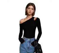 EMOTTOS Top Y2K pour Femmes, Chemises Sexy asymétriques à épaules dénudées, Encolure asymétrique, Manches Longues, Coupe ajustée, t-Shirt Extensible à Une épaule Haut pour Femmes, Noir, M
