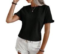 EMOTTOS Tops à Volants plissés pour Femmes, T-Shirts d'été à col roulé et à Rayures, Chemise décontractée à col Rond en Fausse Mousseline(Noir/Blanc,S-L)