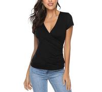 EMOTTOS Tops d'été à Boutons pour Femmes, Y2K Slim Fit V-Neck Cross Wrap Shirts, Chemise à col en V Profond, Crop Top Doux, Bouton Tunique Tops Blouse, Fashion Skinny Y2K Tee Shirt（Black-M）
